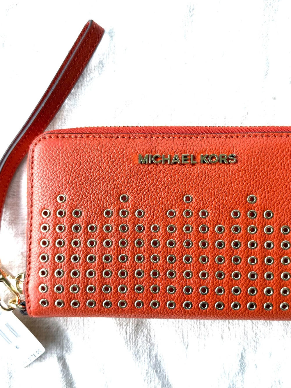 Michael Kors Orange Studded Leather Wristlet Phone Case - persimmon